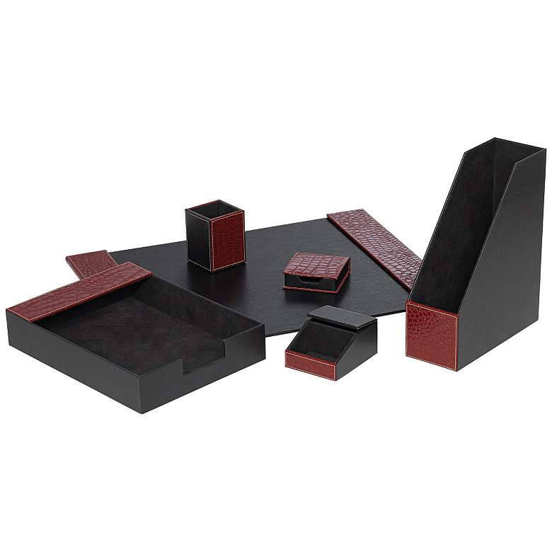 Image 1 Set of Six Black Leather and Red Mock Croc Desk Set
