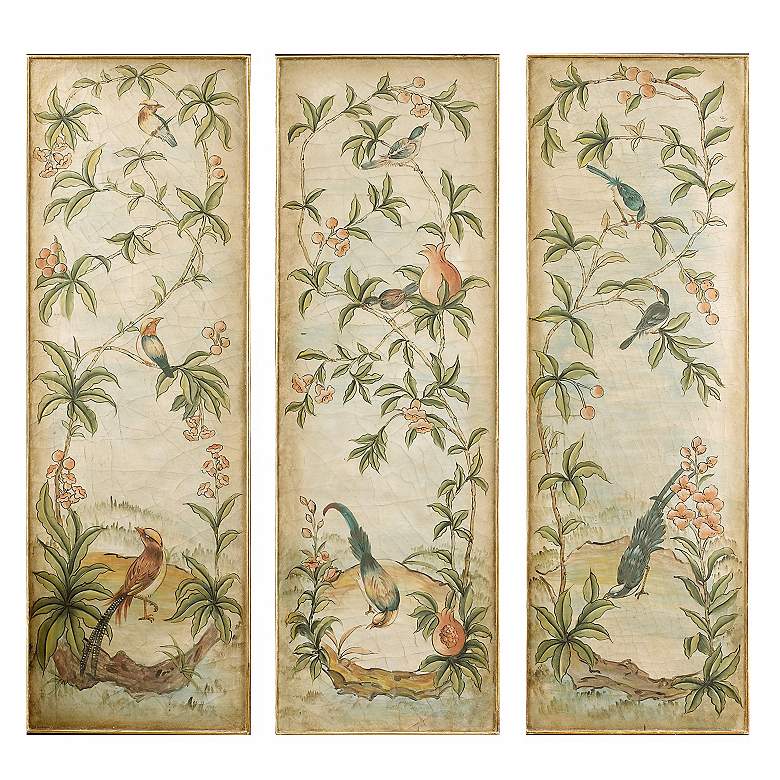 Image 1 Set of Three Aviary Bird and Vine Panels 60 inch High Wall Art