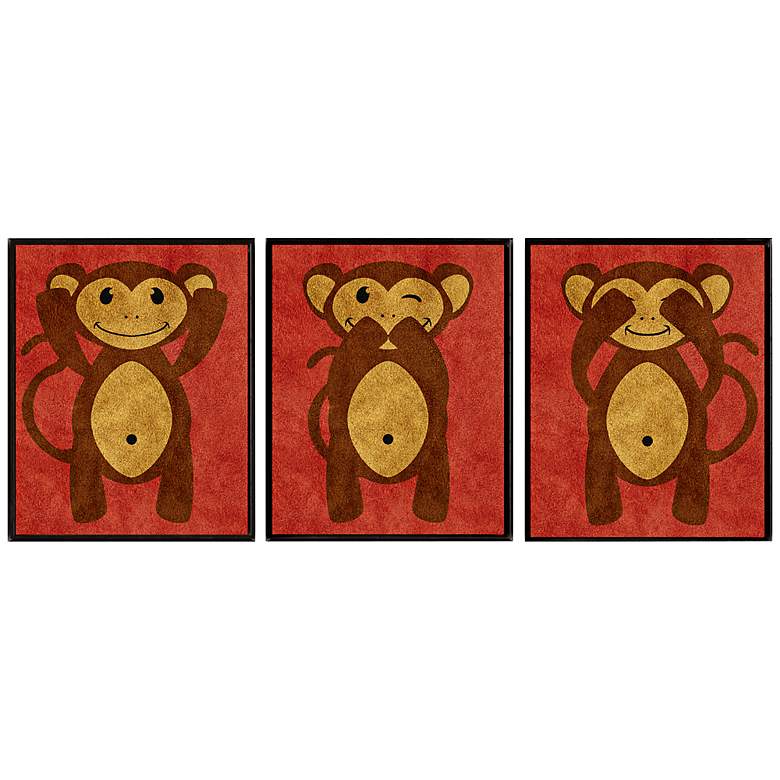 Image 1 Set of Three Monkeys 12 1/2 inch High Framed Giclee Wall Art
