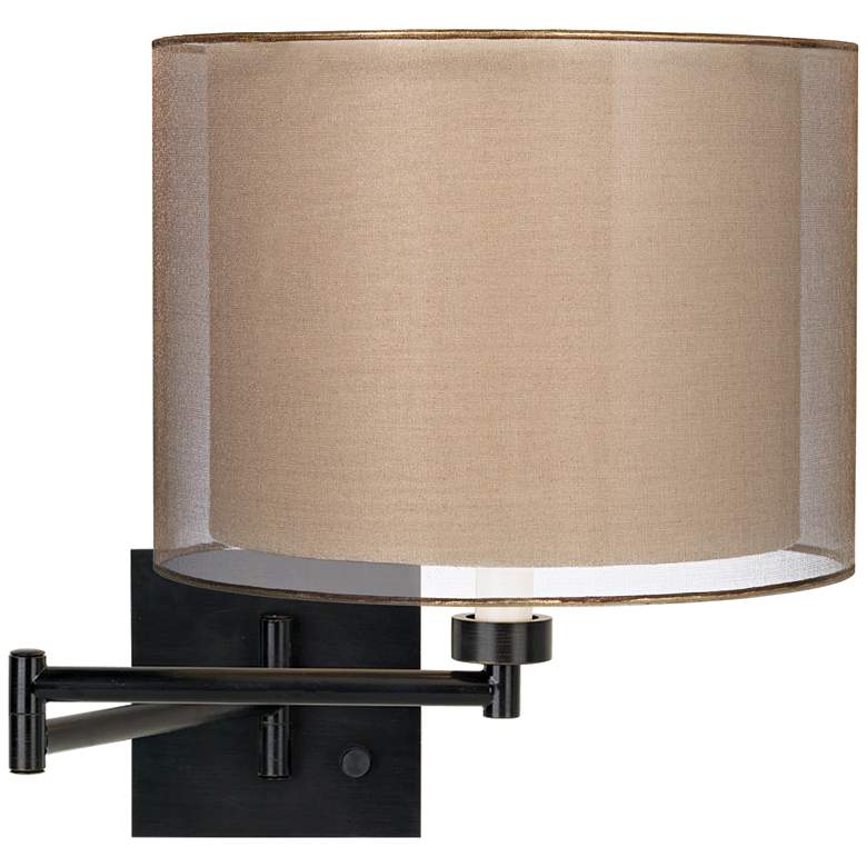 Image 1 Sheer Bronze Drum Espresso Plug-In Swing Arm Wall Lamp