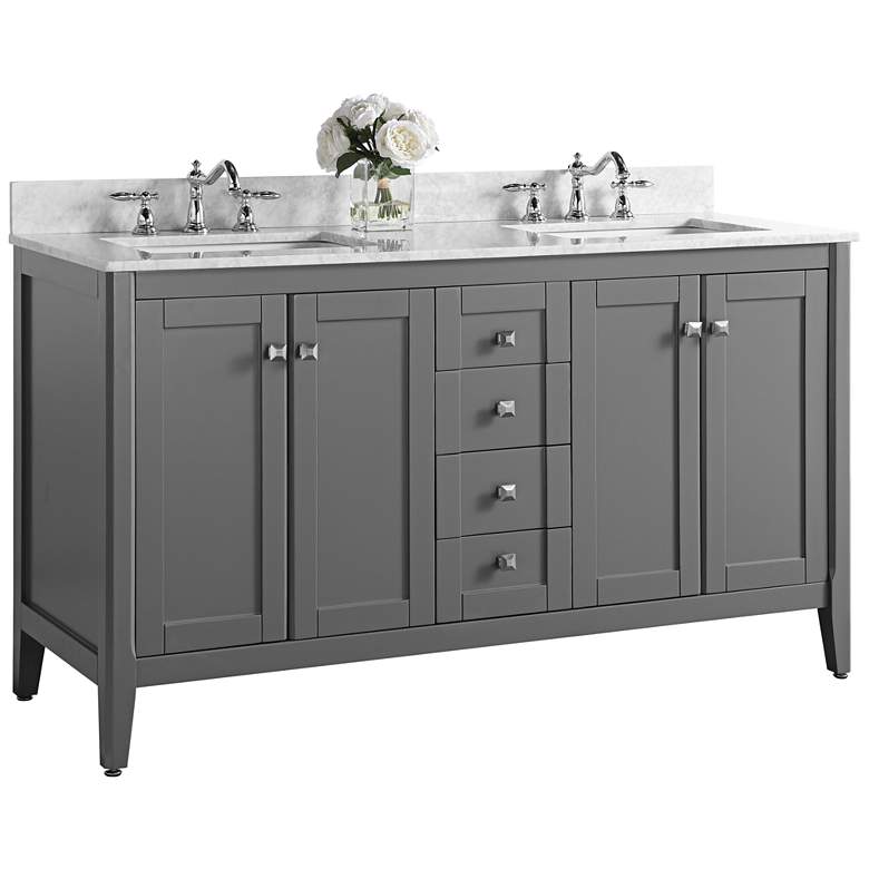 Image 1 Shelton Sapphire Gray 60 inch White Marble Double Sink Vanity