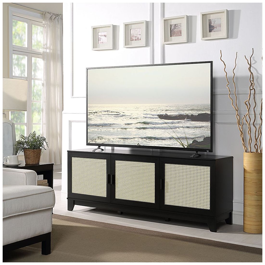 Image 2 Sheridan 63" Wide Black Modern Cane 3-Door TV Stand more views