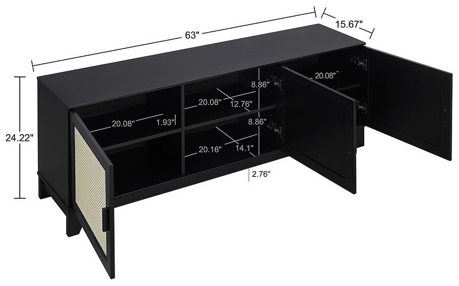 Image 3 Sheridan 63" Wide Black Modern Cane 3-Door TV Stand more views