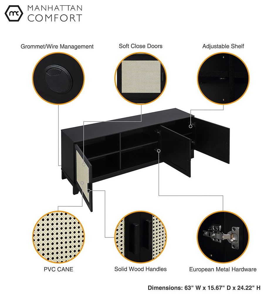 Image 4 Sheridan 63" Wide Black Modern Cane 3-Door TV Stand more views