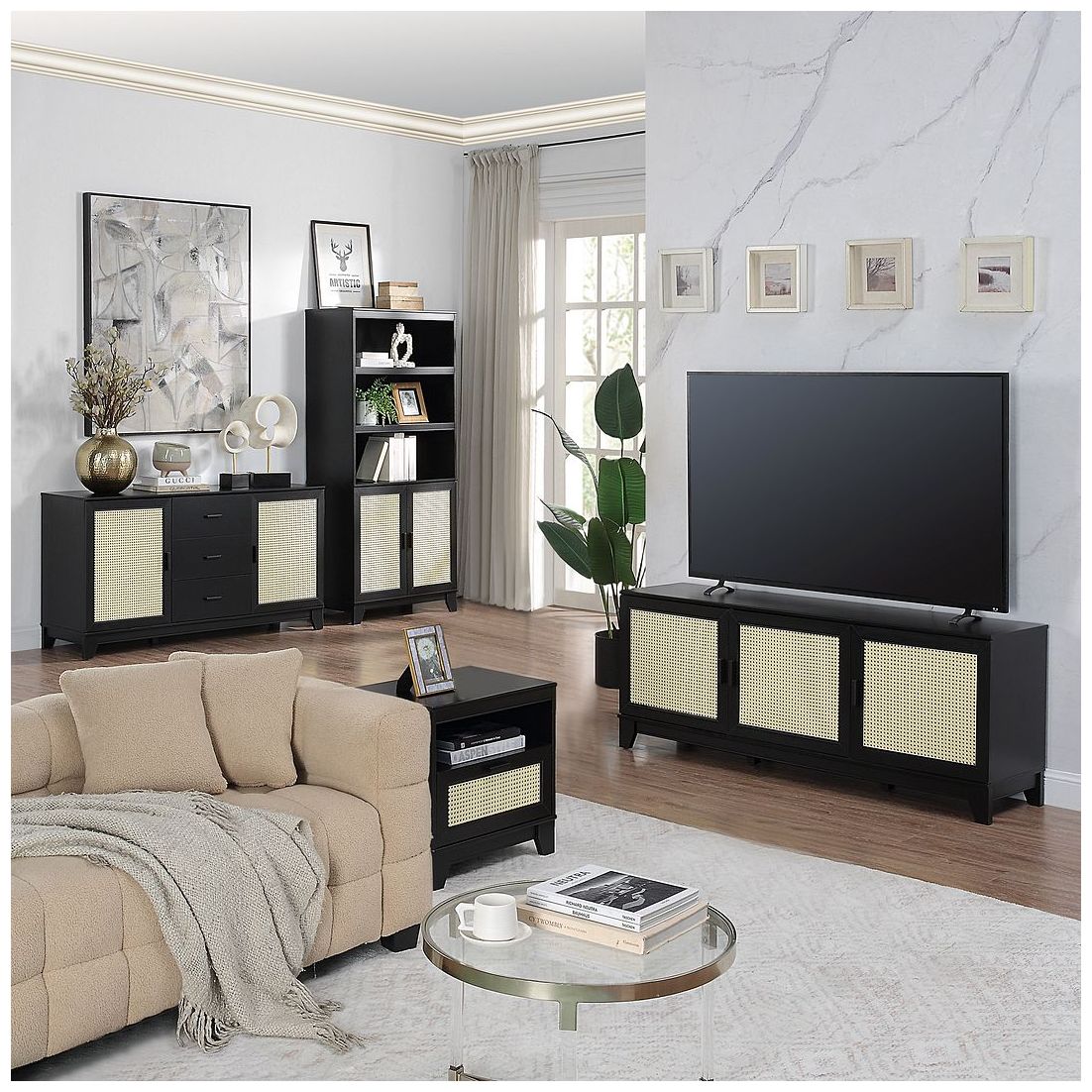 Sheridan Modern Cane Nightstand in Black- Set of 2
