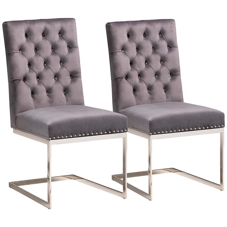 Image 2 Sherine Gray Velvet Fabric Tufted Dining Chairs Set of 2