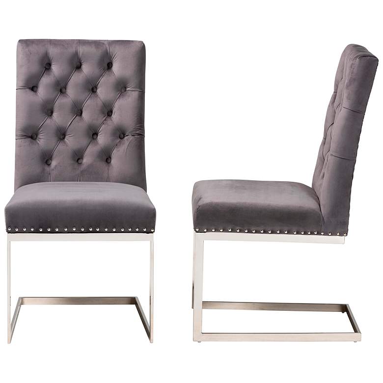Image 7 Sherine Gray Velvet Fabric Tufted Dining Chairs Set of 2 more views