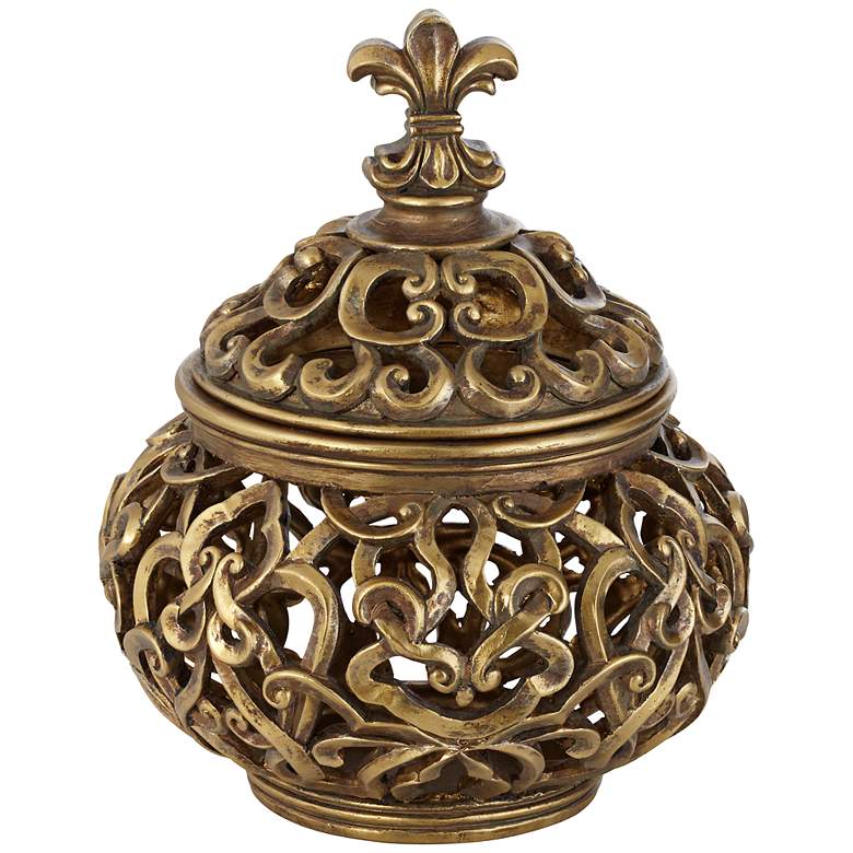 Image 2 Sherise Antique Gold Finish 8 3/4 inch High Fleur-de-Lis Round Jar
