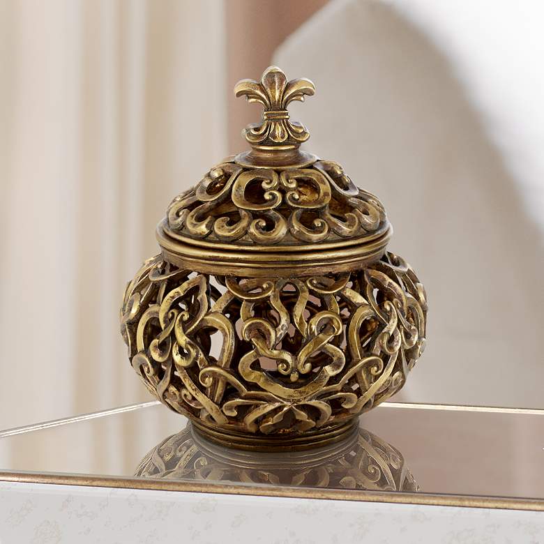 Image 1 Sherise Antique Gold Finish 8 3/4 inch High Fleur-de-Lis Round Jar