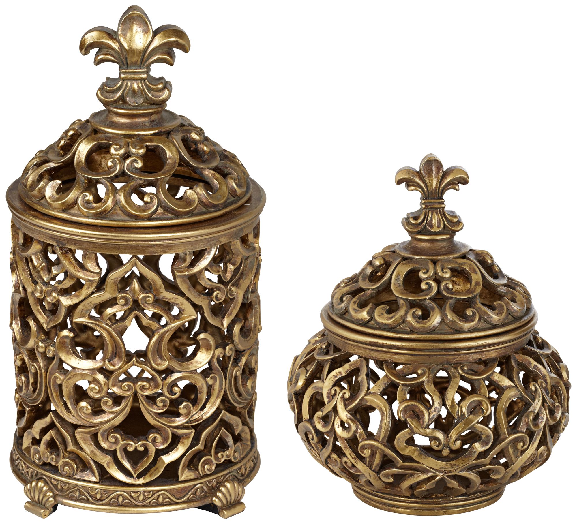Image Sherise Antique Gold Fleur-de-Lis Jars with Lid Set of 2