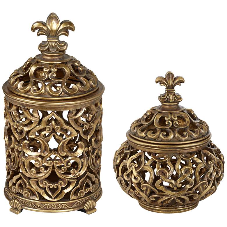 Image 1 Sherise Antique Gold Fleur-de-Lis Jars with Lid Set of 2