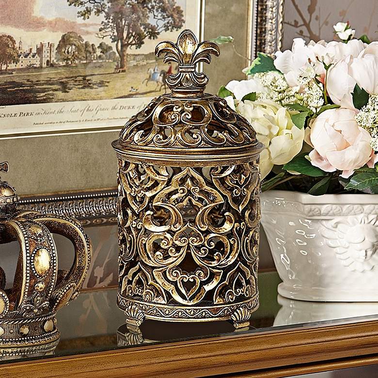 Image 1 Sherise Fleur-de-Lis 12 1/2" High Antique Gold Jar