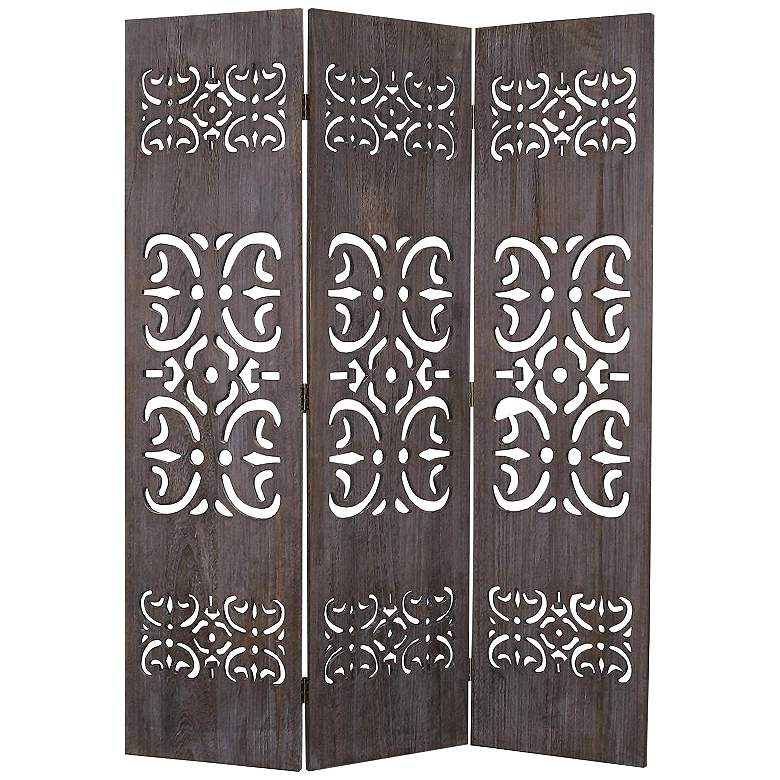 Image 1 Shinto 50"W Wooden Carved 3-Panel Wood Screen/Room Divider