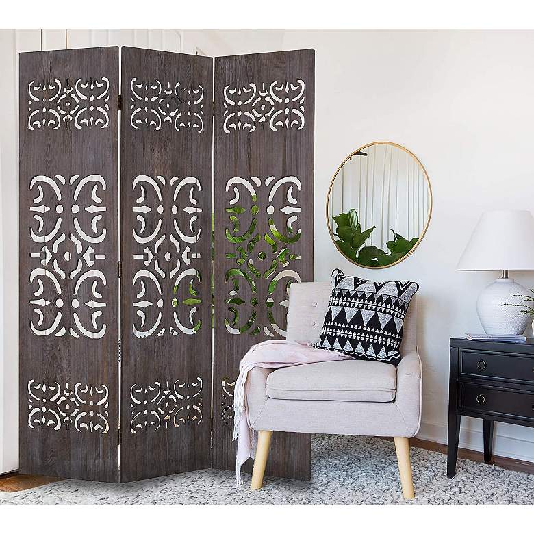Image 3 Shinto 50"W Wooden Carved 3-Panel Wood Screen/Room Divider more views