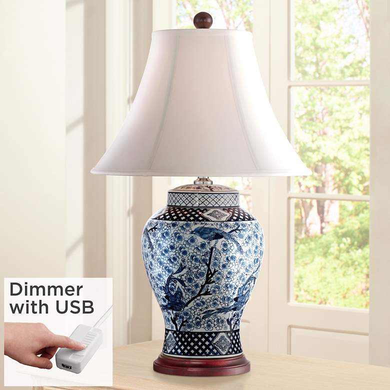 Image 1 Shonna Blue and White Porcelain Jar Table Lamp With USB Dimmer