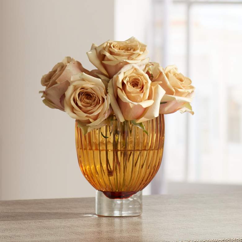 Image 1 Short Amber 5" High Ribbed Glass Vase and Candle Holder