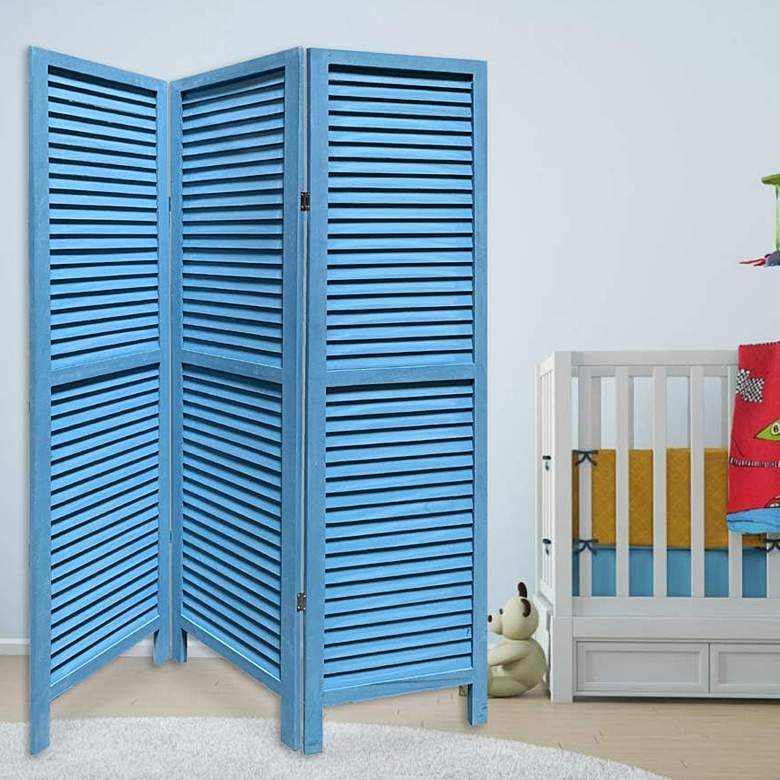 Image 1 Shutter 48" Wide Blue Slat 3-Panel Screen/Room Divider