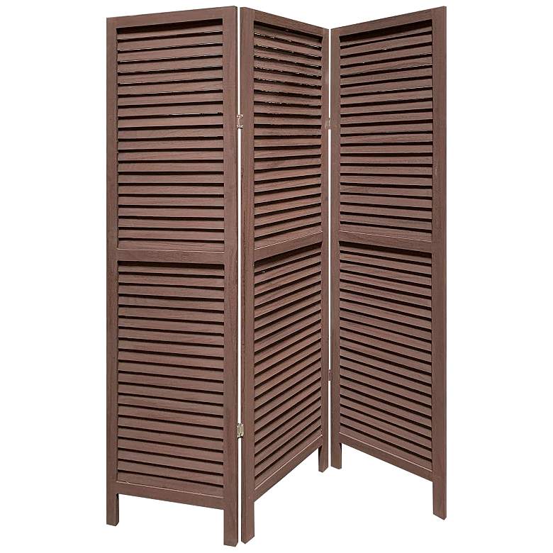 Image 2 Shutter 48"W Washed Brown Slat 3-Panel Screen/Room Divider