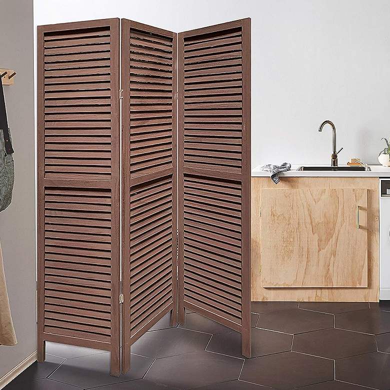 Image 1 Shutter 48"W Washed Brown Slat 3-Panel Screen/Room Divider