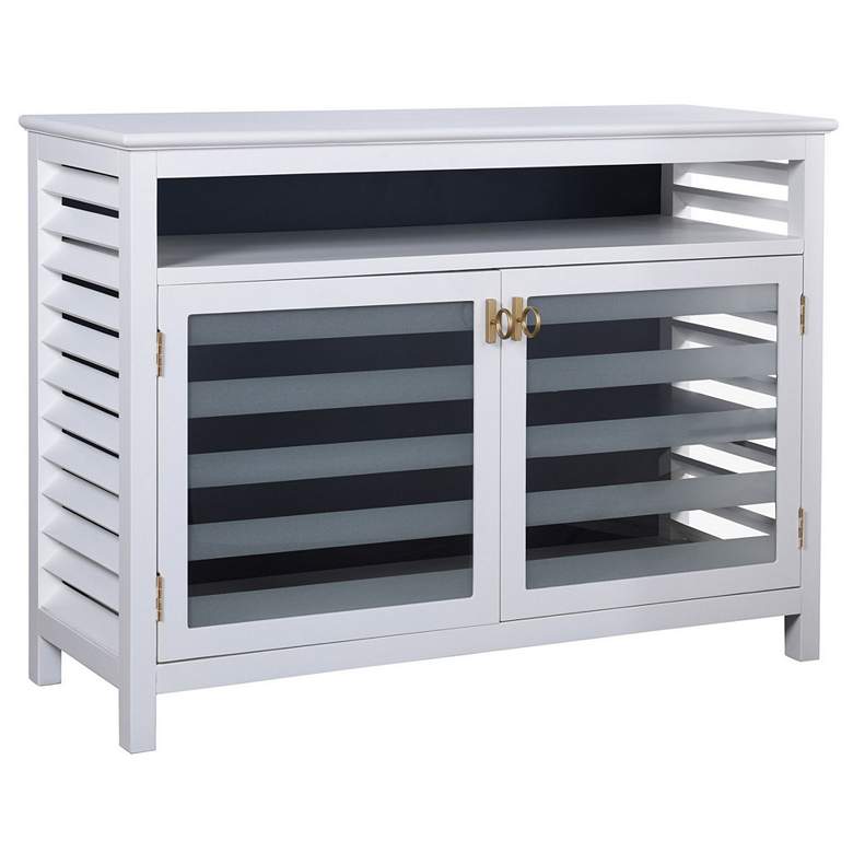 Image 1 Shutter 49.8" Wide White and Navy Coastal Striped Glass Door Cabinet