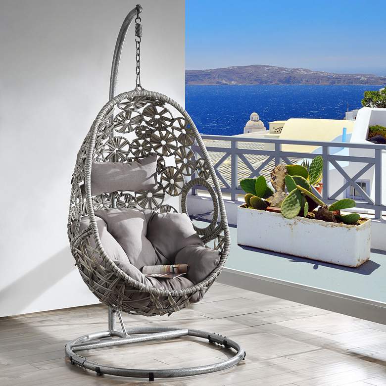 Image 1 Sigar Gray Fabric and Wicker Patio Hanging Chair with Stand