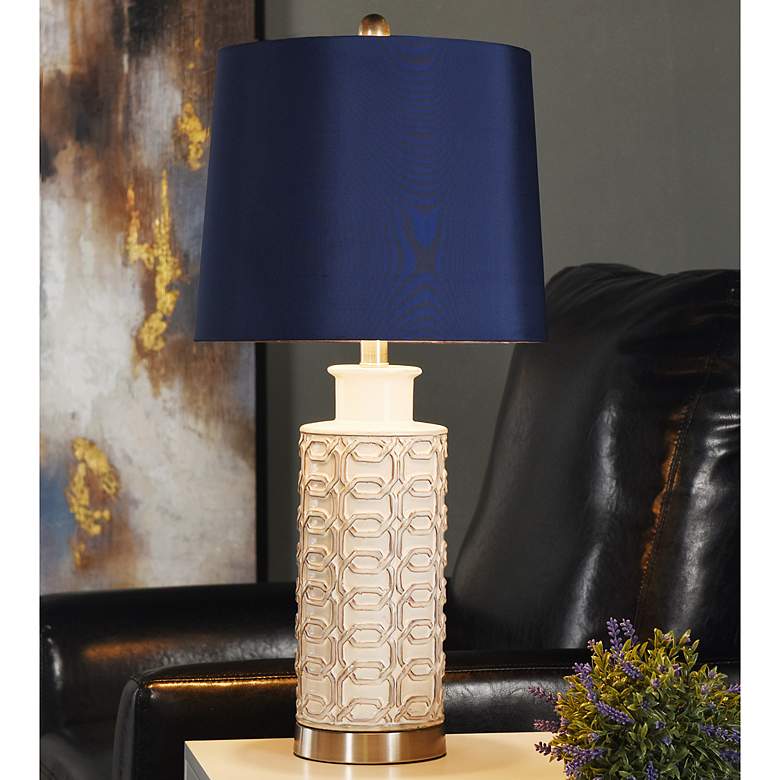 Image 1 Signature Cream Ceramic Table Lamp with Blue Shade