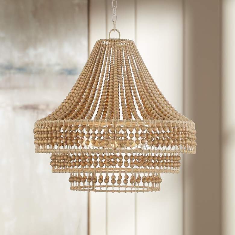 Image 1 Silas 26 1/2" Wide Natural Wood Beads and Rope Chandelier