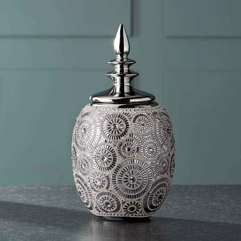 Image 1 Silver Geometric Circles 13 inch High Ceramic Decorative Jar with Lid