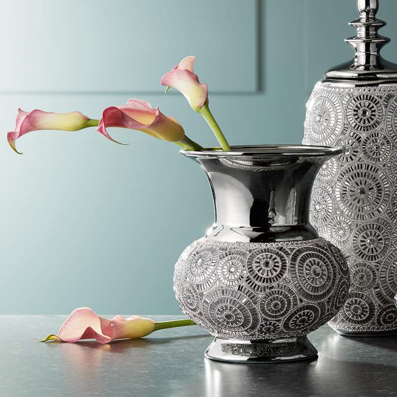 Image 1 Silver Geometric Circles 9 1/2" High Modern Ceramic Vase
