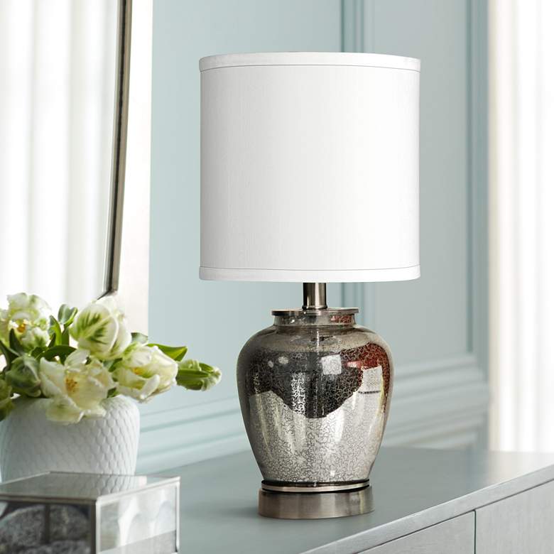 Image 1 Silver Glass 19 inchH Accent Table Lamp w/ White Hardback Shade