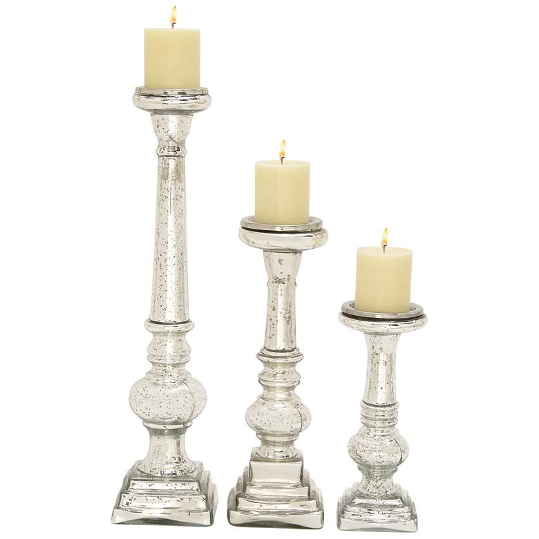 Image 1 Silver Glass Handmade Decorative Candle Holder, Set of 3 11", 15", 21"H