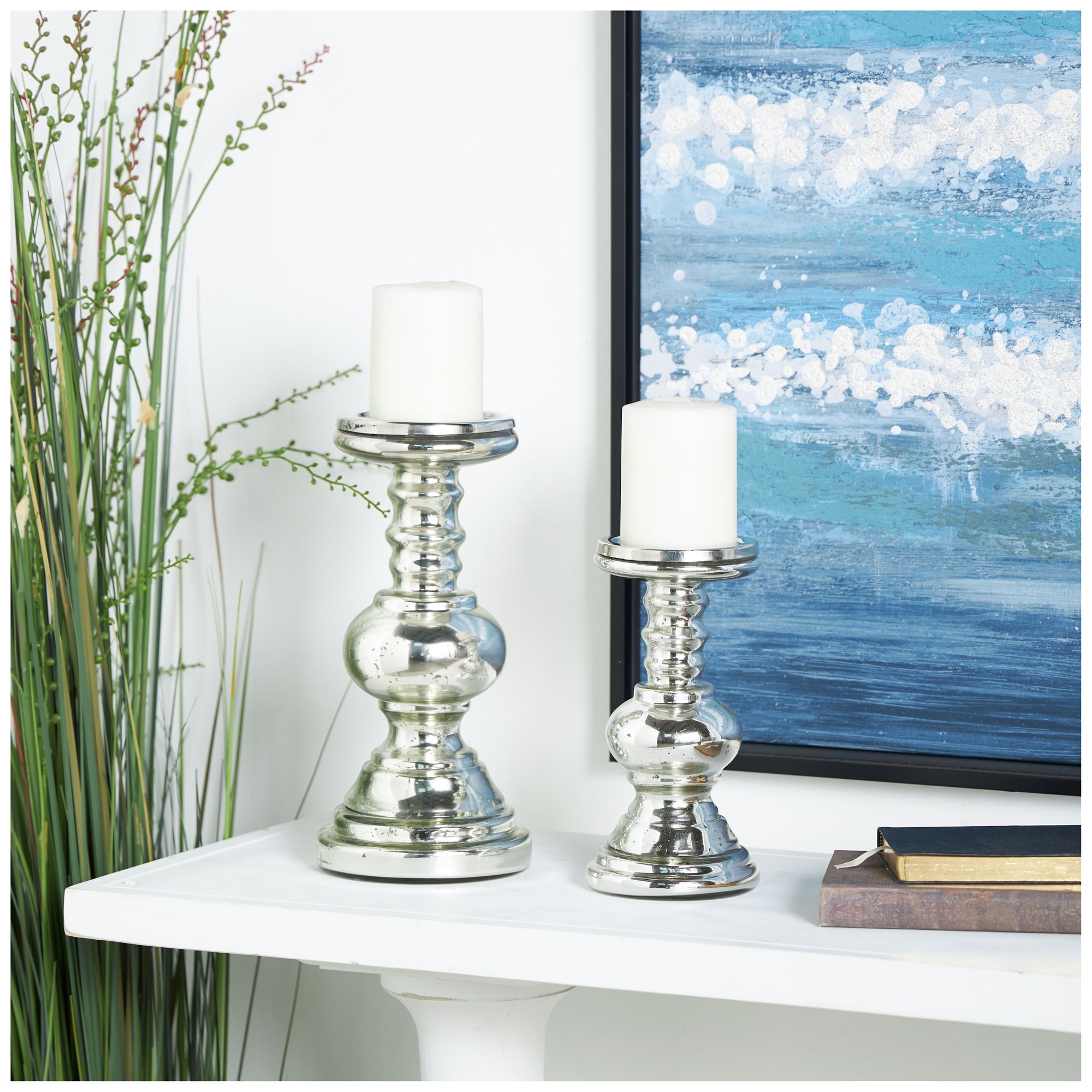 Image 4 Silver Glass Traditional Candle Holder, S/2 9", 12"H more views