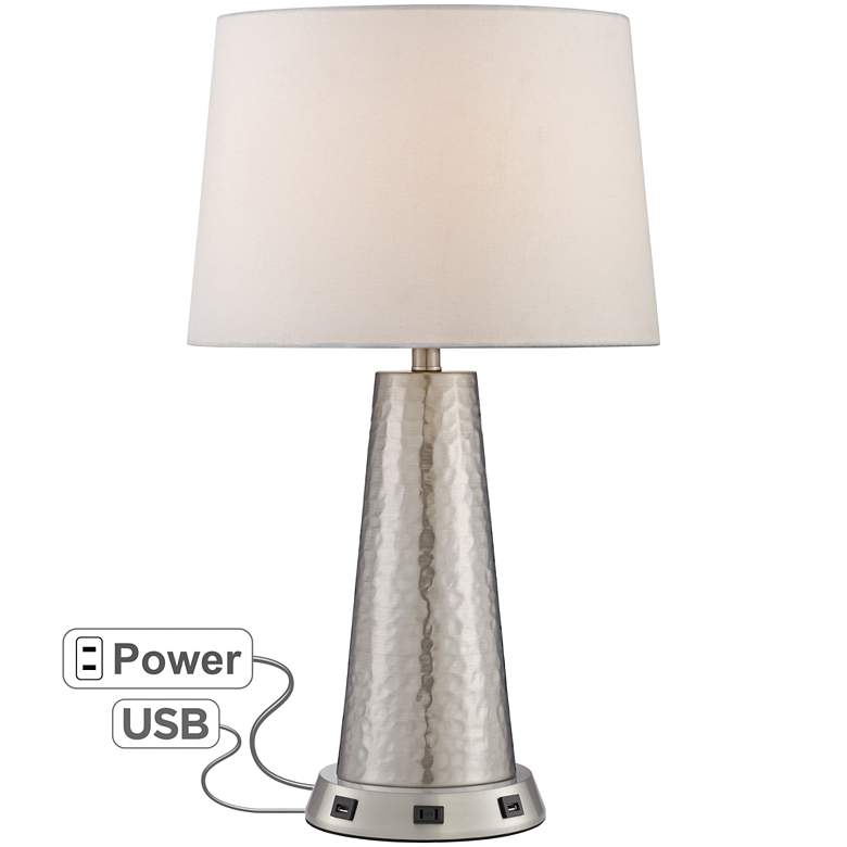 Silver Leaf Hammered Metal Table Lamp with USB Workstation Base