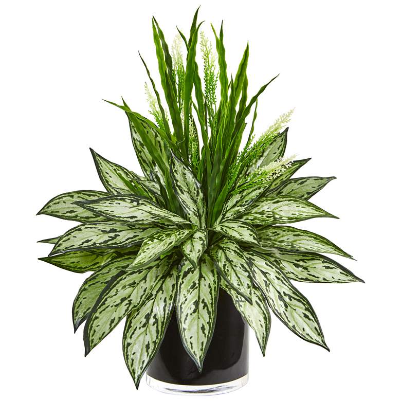 Image 1 Silver Queen and Grass 20" High Faux Plant in Black Vase