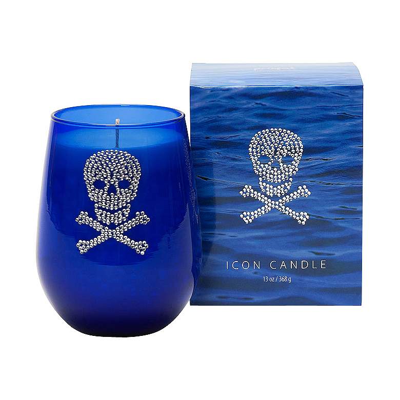 Image 1 Silver Skull and Crossbones Icon Candle in Blue  Glass