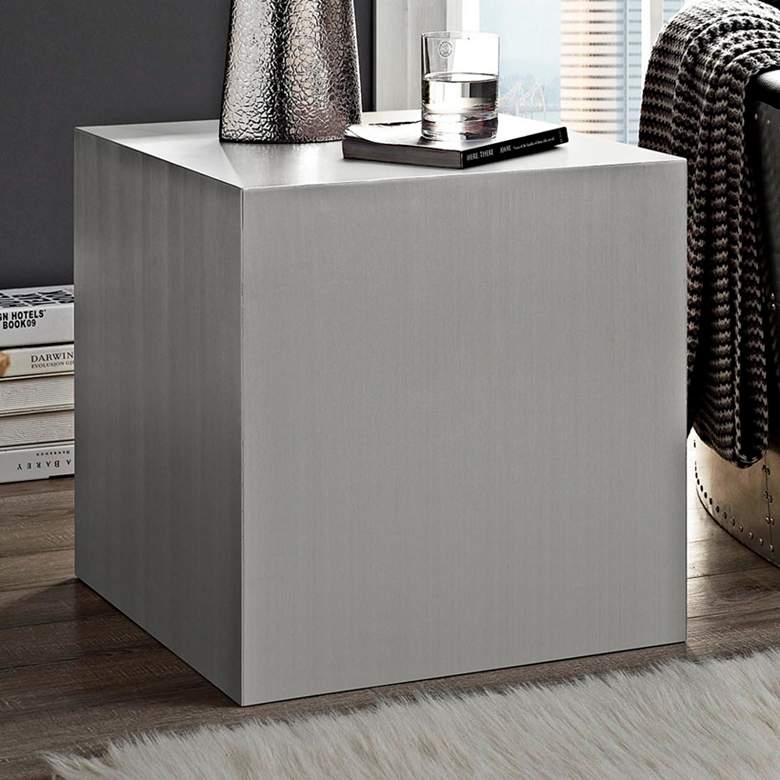 Image 1 Silver Stainless Steel 19 1/2" Square Modern Cube Side Table