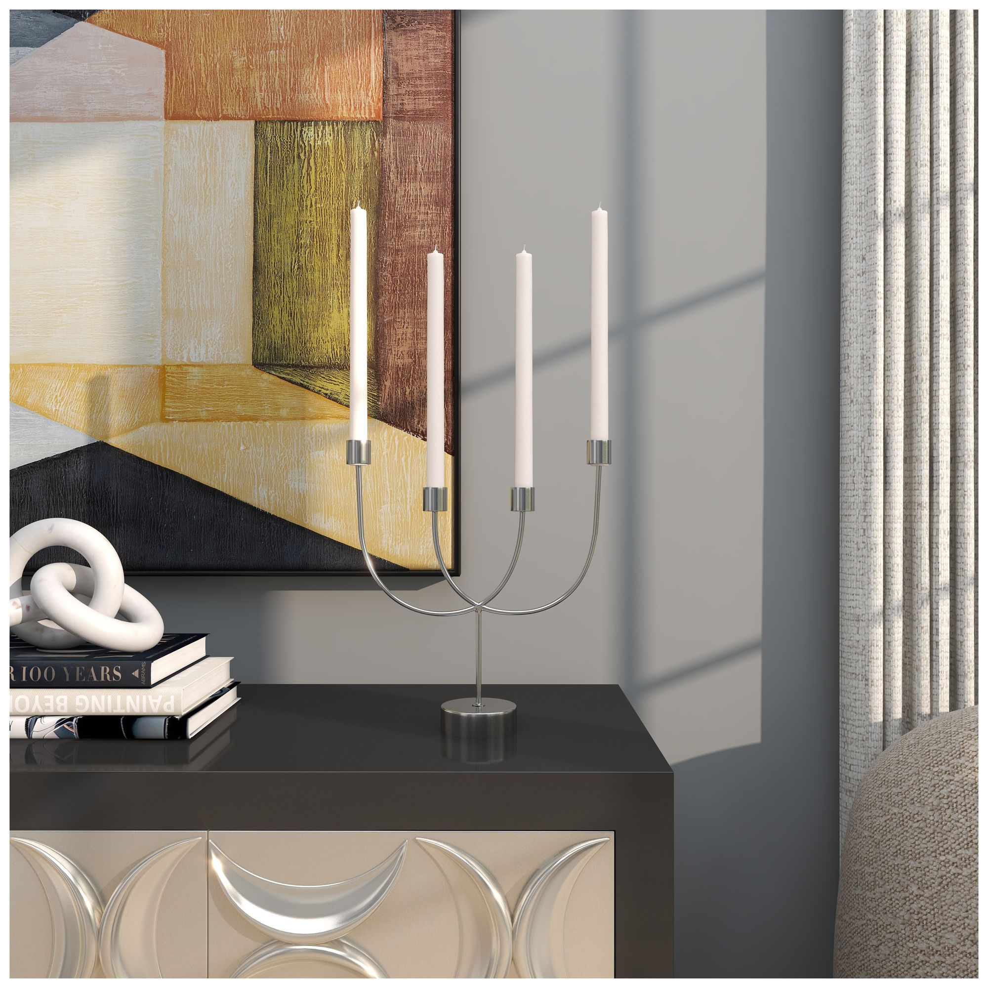 Image 3 Silver Stainless Steel Metal Contemporary Candelabra, 11" x 3" x 13" more views