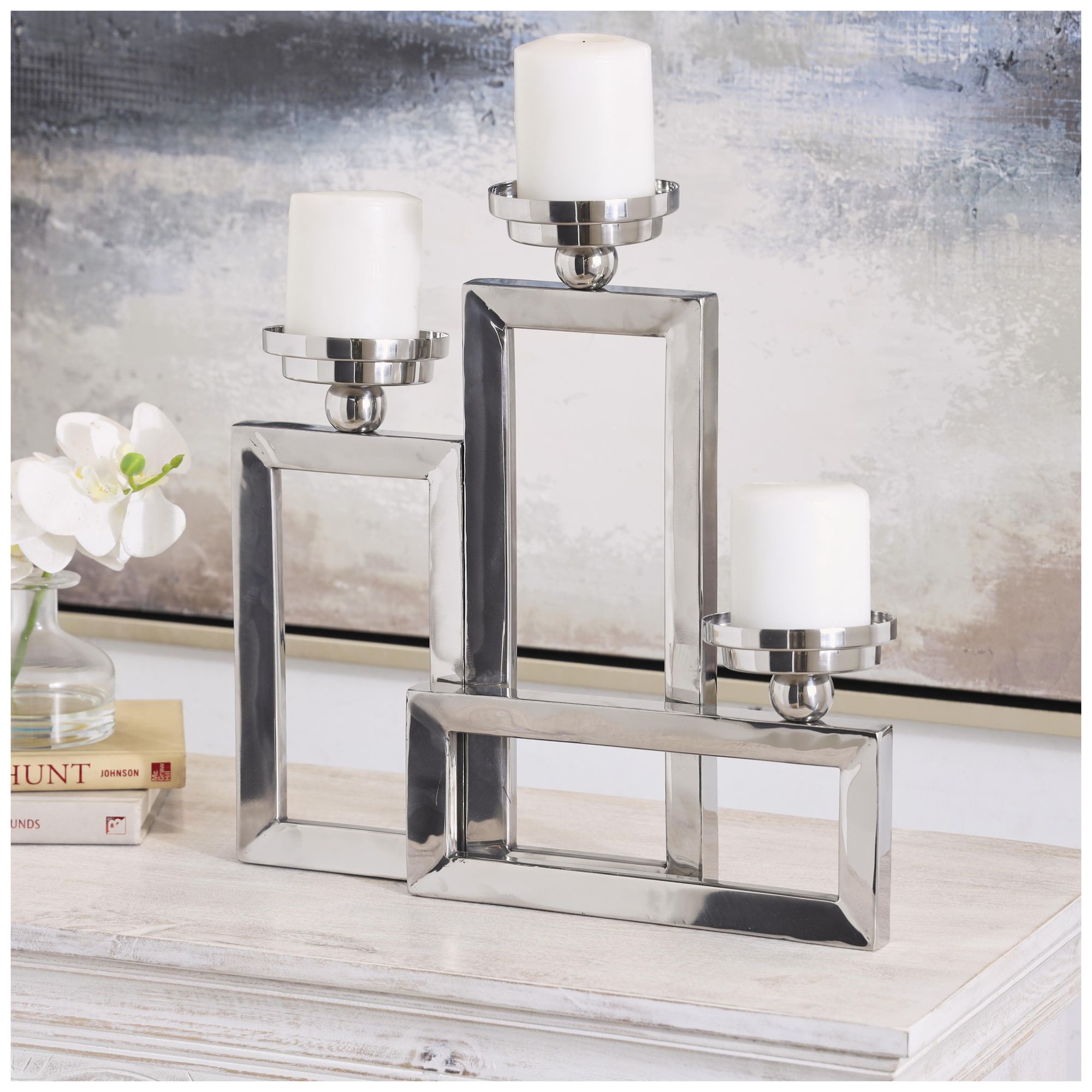 Image 3 Silver Stainless Steel Metal Contemporary Candelabra, 16" x 5" x 16" more views