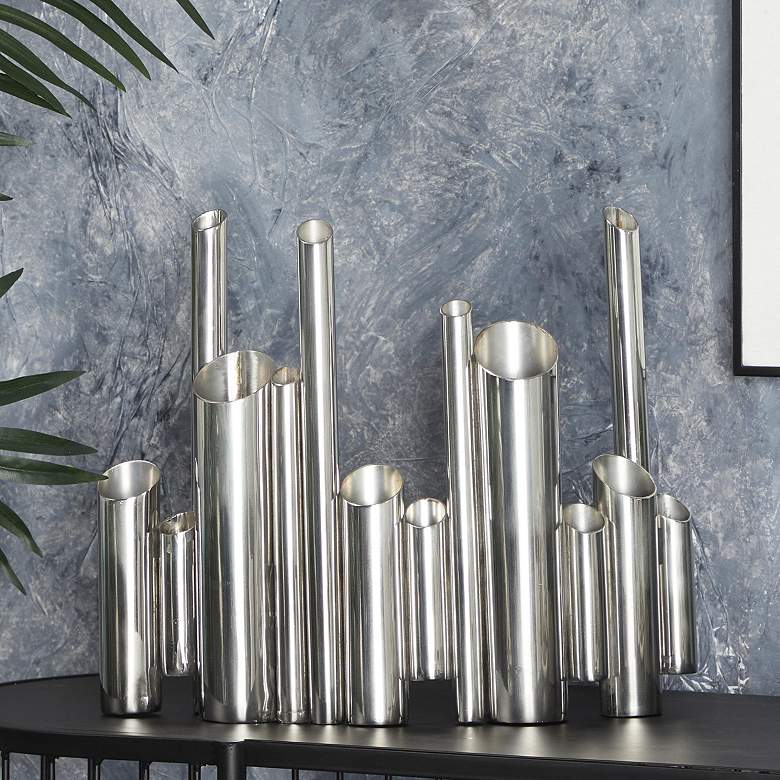 Image 1 Silver Stainless Steel Metal Contemporary Vase, 14" x 4" x 12"