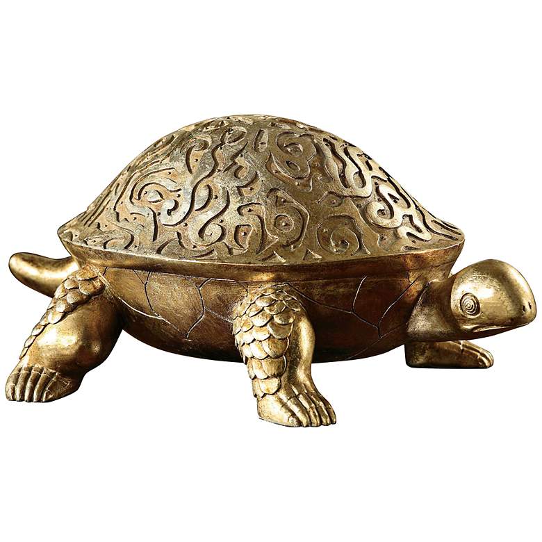 Image 1 Silvery Gold Carved 17 1/2 inch Wide Tortoise Statue
