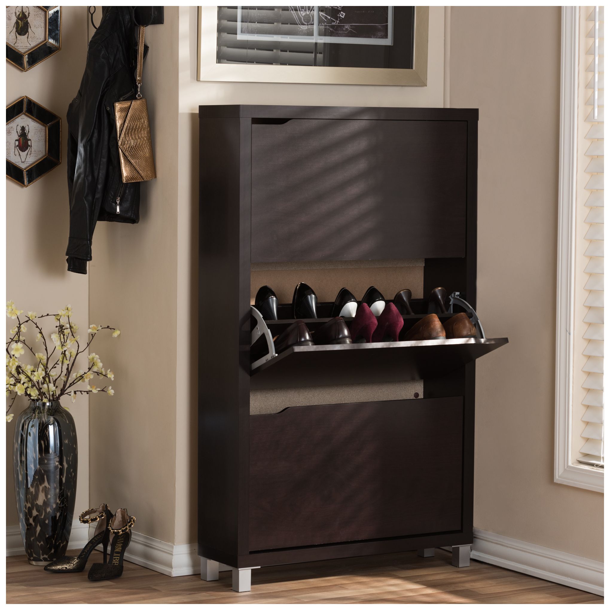 Image 2 Simms Dark Brown Three-Tier 52 3/4" High Modern Shoe Cabinet more views