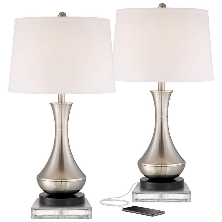 Image 1 Simon Brushed Nickel USB Table Lamps With 8 inch Square Risers