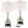 Simon Brushed Nickel USB Table Lamps With 8" Round Risers