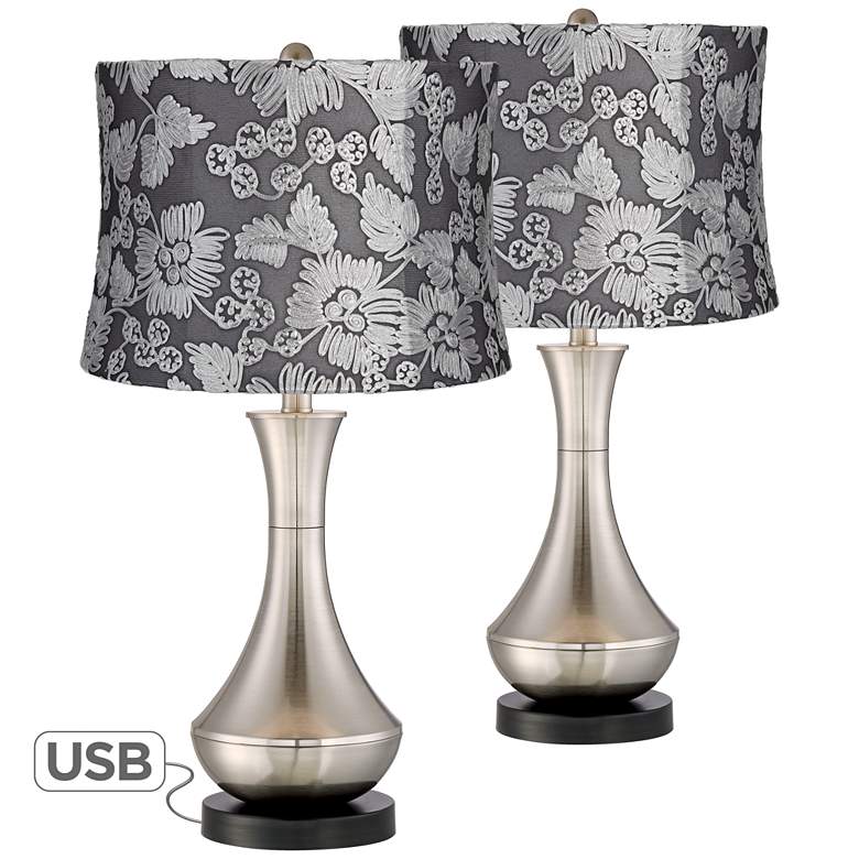 Image 1 Simon USB Table Lamp with Silver Floral Shade Set of 2