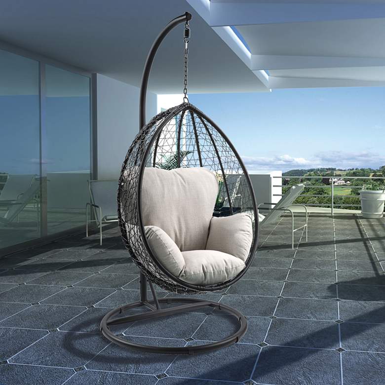 Simona Beige Fabric and Black Wicker Patio Swing Chair with Stand