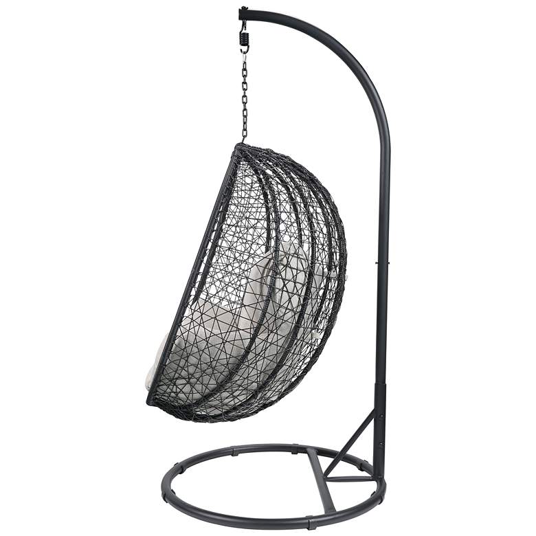 Simona Beige Fabric and Black Wicker Patio Swing Chair with Stand more views