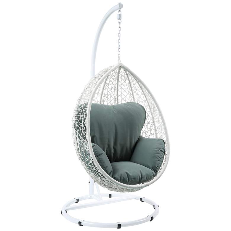 Simona Green Fabric and White Wicker Patio Swing Chair with Stand