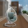 1_Simona Green Fabric and White Wicker Patio Swing Chair with Stand