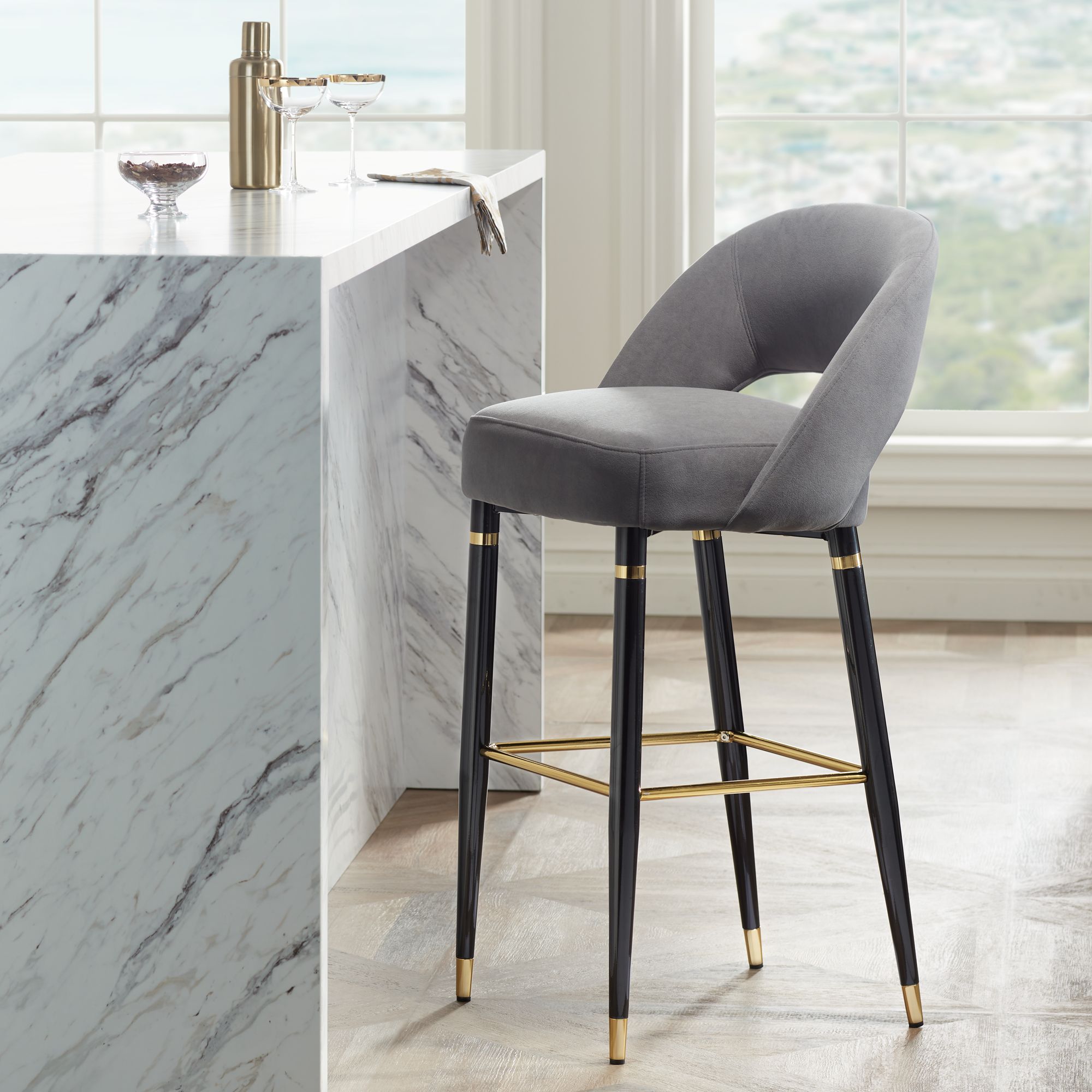 Grey velvet bar best sale stools with gold legs