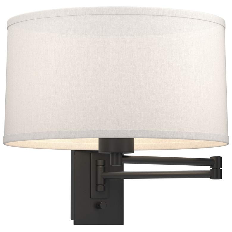 Image 1 Simple 11" High Black Swing Arm Sconce With Flax Shade